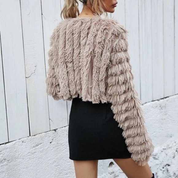 Open Front Fuzzy Faux fur Crop Coat Tan - Picture 8 of 8